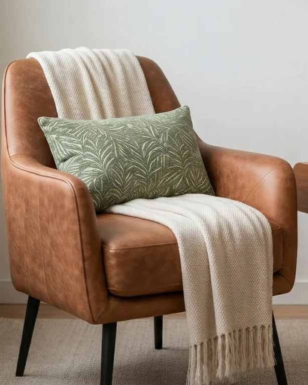 Sillón de cuero con una manta junto a una mesa de madera en un consultorio luminoso
